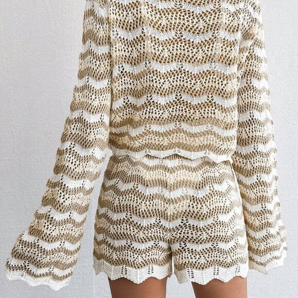 Multicolor Casual Women's Striped Hollow Out Knit Top & Shorts Cover Up Set - Picture 2 of 5